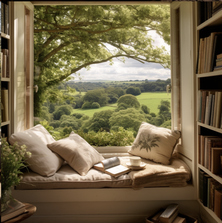 Window seat with bookshelves looking out over beautiful countryside.